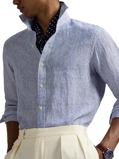 Polo Ralph Lauren Men's Classic Fit Striped Linen Shirt - Royal Blue White | Thumbnail 5 Polo Ralph Lauren Men's Classic Fit Striped Linen Shirt - Royal Blue White | Thumbnail 5