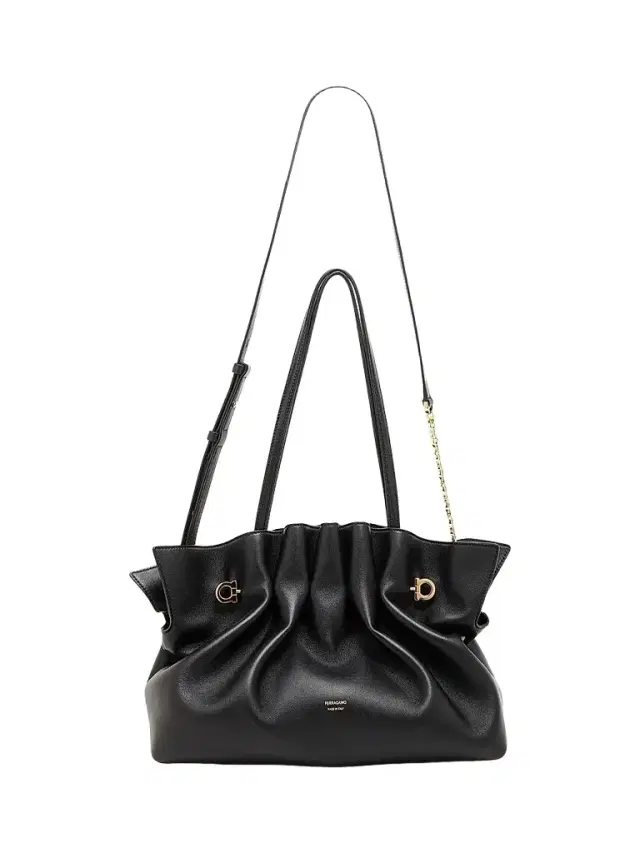 FERRAGAMO Women's  Gancio Piercing Gathered Leather Shoulder Bag - Nero