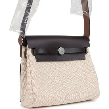 HERMÈS Hermes Herbag Zip 20 Mini Ecru and Beige Toile H Canvas and Ebene Vache Hunter Palladium Hardware | Thumbnail 2