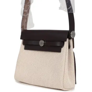 HERMÈS Hermes Herbag Zip 20 Mini Ecru and Beige Toile H Canvas and Ebene Vache Hunter Palladium Hardware | Thumbnail 3