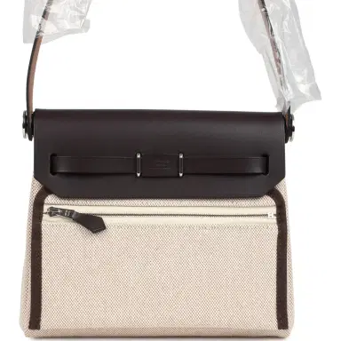 HERMÈS Hermes Herbag Zip 20 Mini Ecru and Beige Toile H Canvas and Ebene Vache Hunter Palladium Hardware | Thumbnail 6