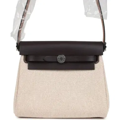 HERMÈS Hermes Herbag Zip 20 Mini Ecru and Beige Toile H Canvas and Ebene Vache Hunter Palladium Hardware | Thumbnail 1
