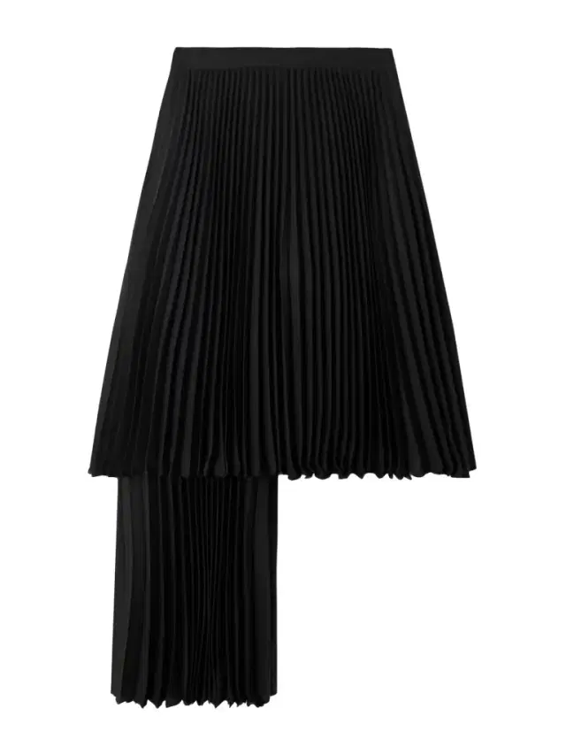 Layered Pleated Twill Midi Skirt