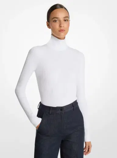 Michael Kors Collection Stretch Viscose Turtleneck Bodysuit in White | Thumbnail 11
