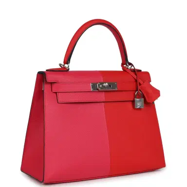 HERMÈS Pre-owned Hermes Kelly Sellier 28 Casaque Rouge De Coeur, Rose Extreme and Bleu Zanzibar Epsom Palladium Hardware | Thumbnail 2
