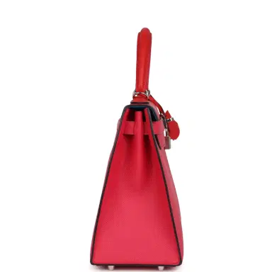 HERMÈS Pre-owned Hermes Kelly Sellier 28 Casaque Rouge De Coeur, Rose Extreme and Bleu Zanzibar Epsom Palladium Hardware | Thumbnail 3