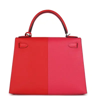 HERMÈS Pre-owned Hermes Kelly Sellier 28 Casaque Rouge De Coeur, Rose Extreme and Bleu Zanzibar Epsom Palladium Hardware | Thumbnail 4