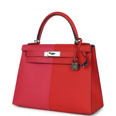 HERMÈS Pre-owned Hermes Kelly Sellier 28 Casaque Rouge De Coeur, Rose Extreme and Bleu Zanzibar Epsom Palladium Hardware | Thumbnail 5
