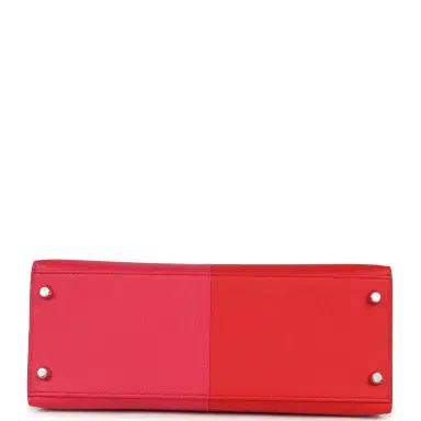 HERMÈS Pre-owned Hermes Kelly Sellier 28 Casaque Rouge De Coeur, Rose Extreme and Bleu Zanzibar Epsom Palladium Hardware | Thumbnail 6