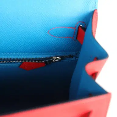HERMÈS Pre-owned Hermes Kelly Sellier 28 Casaque Rouge De Coeur, Rose Extreme and Bleu Zanzibar Epsom Palladium Hardware | Thumbnail 8