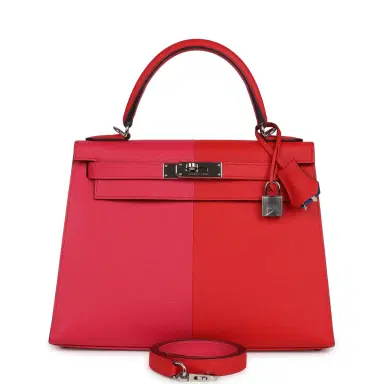 HERMÈS Pre-owned Hermes Kelly Sellier 28 Casaque Rouge De Coeur, Rose Extreme and Bleu Zanzibar Epsom Palladium Hardware | Thumbnail 1