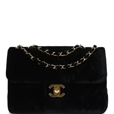 Chanel Vintage Chanel XL Chevron Single Flap Bag Black Velvet Gold Hardware | Thumbnail 1 Chanel Vintage Chanel XL Chevron Single Flap Bag Black Velvet Gold Hardware | Thumbnail 1