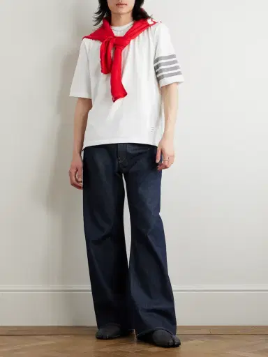 Thom Browne Logo-Appliquéd Striped Cotton-Jersey T-Shirt - Men | Thumbnail 2 Thom Browne Logo-Appliquéd Striped Cotton-Jersey T-Shirt - Men | Thumbnail 2