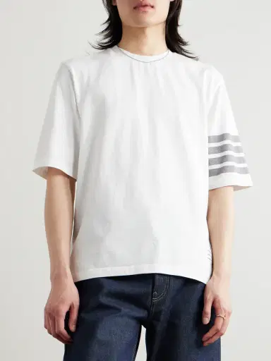 Thom Browne Logo-Appliquéd Striped Cotton-Jersey T-Shirt - Men | Thumbnail 3 Thom Browne Logo-Appliquéd Striped Cotton-Jersey T-Shirt - Men | Thumbnail 3