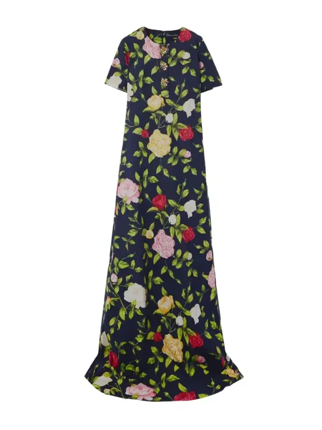 Button-embellished Floral-print Cotton-blend Poplin Gown