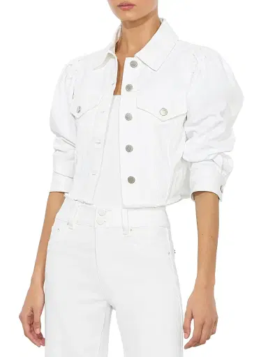 Alice + Olivia Women's Lana Denim Puff-Sleeve Jacket - White | Thumbnail 3