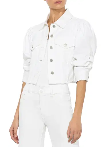 Alice + Olivia Women's Lana Denim Puff-Sleeve Jacket - White | Thumbnail 4
