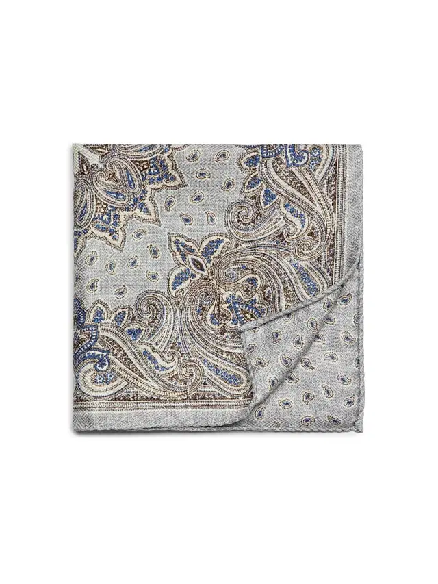 Men's Double-Face Paisley Woven Silk Pocket Square - Grey