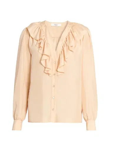 Chloé Women's Ruffled Silk V-Neck Blouse - Biscuit Pink | Thumbnail 1 Chloé Women's Ruffled Silk V-Neck Blouse - Biscuit Pink | Thumbnail 1