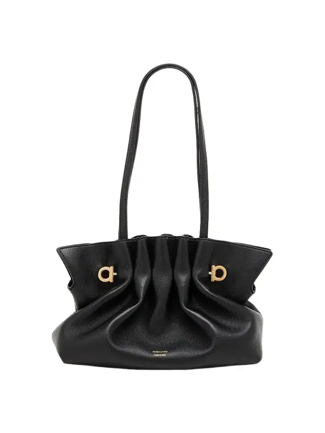 Women's Gancio Piercing Gathered Leather Shoulder Bag - Nero