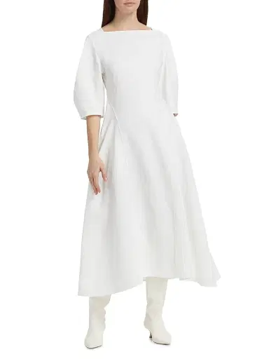 Jil Sander Women's Squareneck Linen Midi-Dress - Optic White - Size 4 | Thumbnail 3