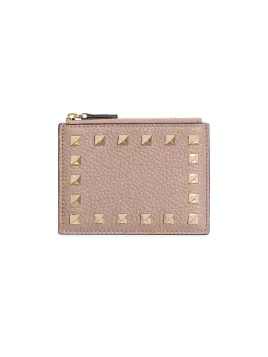 Valentino Garavani Women's Rockstud Grainy Calfskin Cardholder with Zipper - Poudre | Thumbnail 1