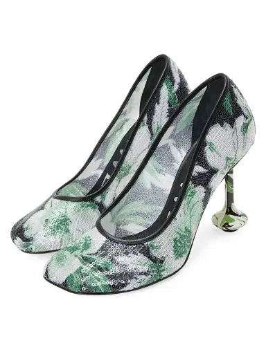 Loewe Women's Toy Pump 90MM Sequined Floral Pumps - Black Hibiscus Green - Size 10 | Thumbnail 2