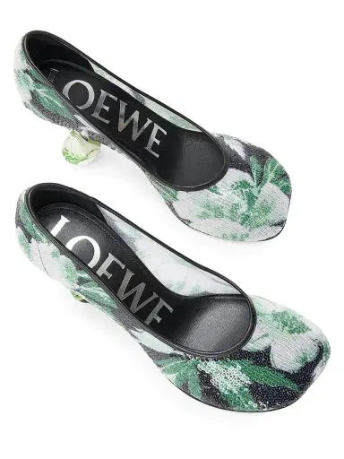 Loewe Women's Toy Pump 90MM Sequined Floral Pumps - Black Hibiscus Green - Size 10 | Thumbnail 3