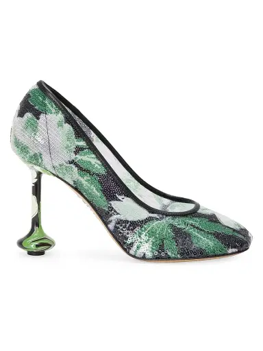 Loewe Women's Toy Pump 90MM Sequined Floral Pumps - Black Hibiscus Green - Size 10 | Thumbnail 1