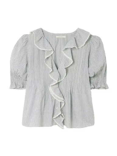 DÔEN Henri Lace-trimmed Ruffled Pintucked Striped Organic Cotton-voile Top | Thumbnail 1 DÔEN Henri Lace-trimmed Ruffled Pintucked Striped Organic Cotton-voile Top | Thumbnail 1