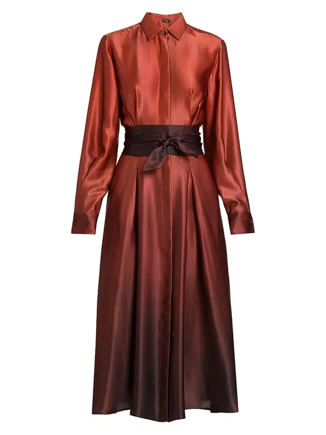Women's Ombré Silk Tie-Waist Shirtdress - Cherry Bordeuax