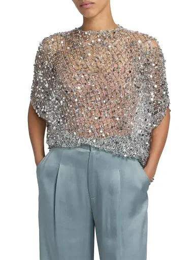 Lapointe Women's Sequined Net Mesh Cape Top - Silver - Size Large | Thumbnail 3 Lapointe Women's Sequined Net Mesh Cape Top - Silver - Size Large | Thumbnail 3