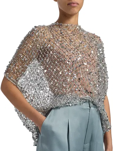 Lapointe Women's Sequined Net Mesh Cape Top - Silver - Size Large | Thumbnail 6 Lapointe Women's Sequined Net Mesh Cape Top - Silver - Size Large | Thumbnail 6