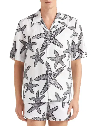 Vilebrequin Men's Starlettes Printed Linen Shirt - Blanc - Size Large | Thumbnail 4