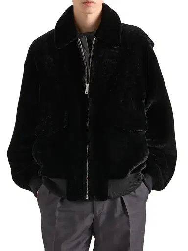 Prada Men's Shearling Bomber Jacket - Black | Thumbnail 2 Prada Men's Shearling Bomber Jacket - Black | Thumbnail 2
