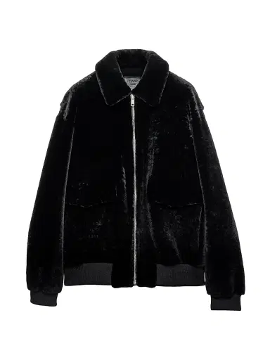 Prada Men's Shearling Bomber Jacket - Black | Thumbnail 1 Prada Men's Shearling Bomber Jacket - Black | Thumbnail 1