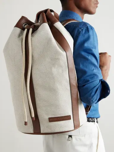 Brunello Cucinelli Leather-Trimmed Cotton and Linen-Blend Canvas Backpack - Men | Thumbnail 2 Brunello Cucinelli Leather-Trimmed Cotton and Linen-Blend Canvas Backpack - Men | Thumbnail 2