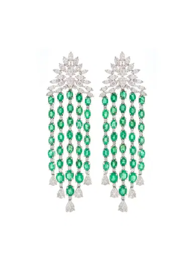 Wish Fine Jewelry 15.26ct Emerald Diamond 18K Gold Dangle Drop Earrings | Thumbnail 1