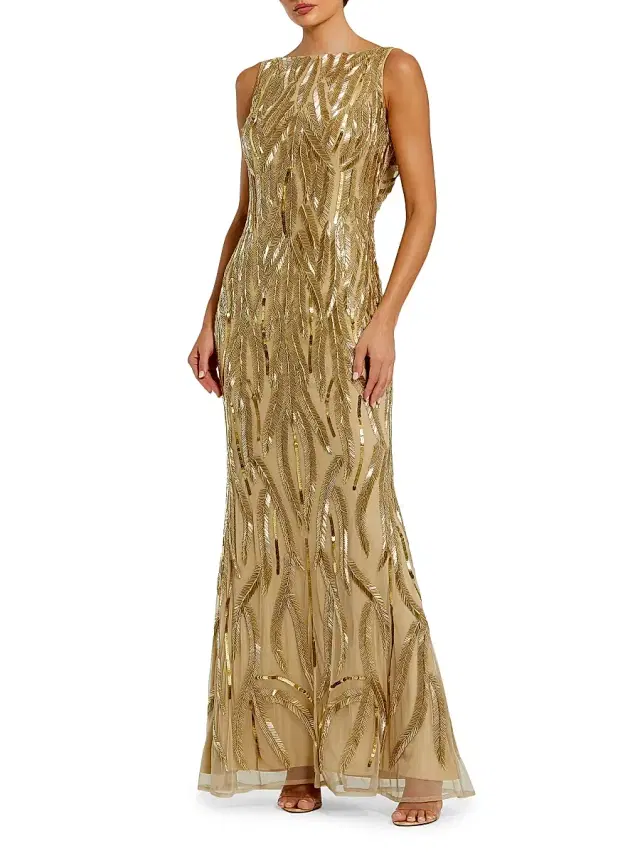 Women's Evening Beaded Open Back Sleeveless Gown - Gold