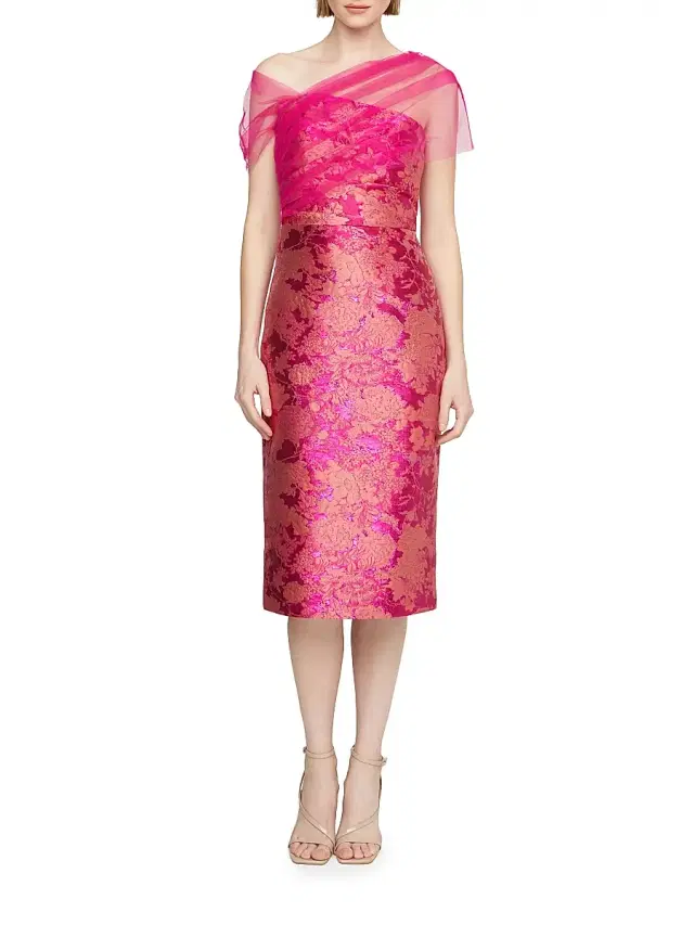Theia Women's Judy Brocade Asymmetric Shawl Cocktail Dress - Zinnia