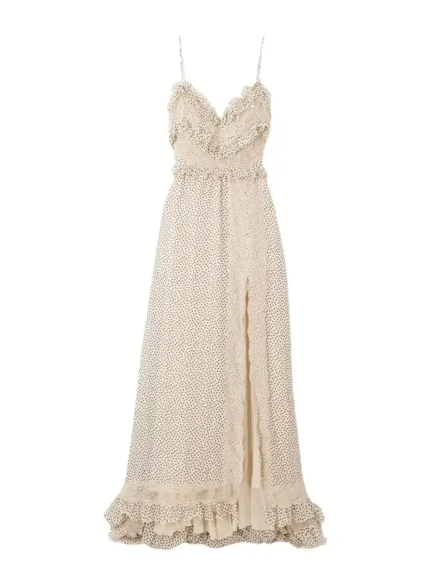 Lace-trimmed Ruffled Polka-dot Silk-georgette Gown