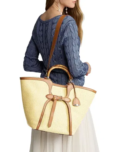 Ralph Lauren Collection Women's Large The Ralph Braided Raffia Tote Bag - Beige Gold | Thumbnail 2 Ralph Lauren Collection Women's Large The Ralph Braided Raffia Tote Bag - Beige Gold | Thumbnail 2