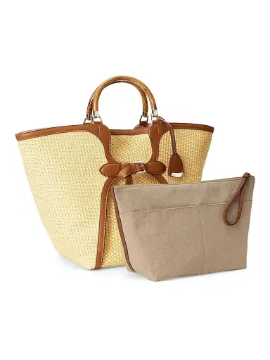 Ralph Lauren Collection Women's Large The Ralph Braided Raffia Tote Bag - Beige Gold | Thumbnail 5 Ralph Lauren Collection Women's Large The Ralph Braided Raffia Tote Bag - Beige Gold | Thumbnail 5