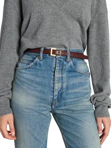 Saint Laurent Women's Cassandre Thin Belt with Square Buckle in Smooth Leather - Red Tan - Size 42 | Thumbnail 2