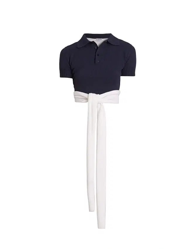 Women's Wool-Blend Wrap Cropped Polo Sweater - Navy Ecru