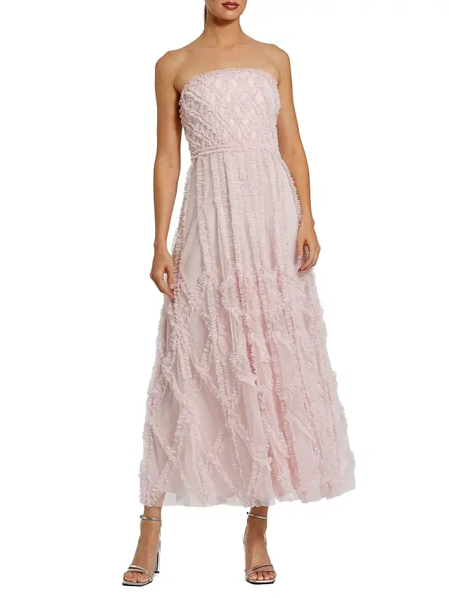 Women's Cocktail Ruffled Mesh Strapless Gown - Blush