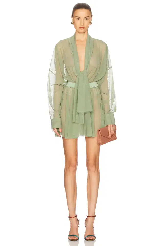 Norma Kamali Super Oversized Boyfriend Shirt Flared Mini Dress With Bow