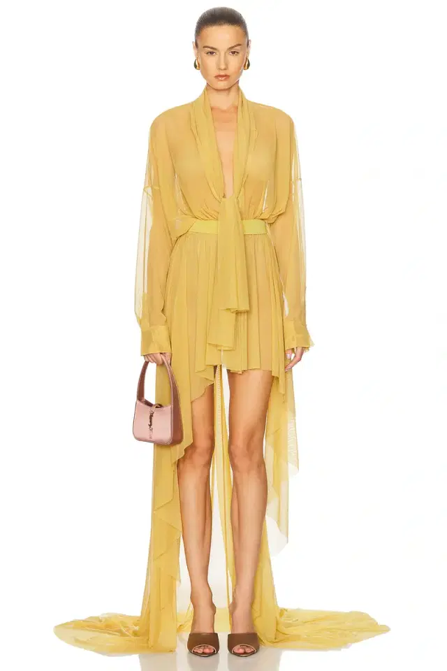 Norma Kamali Hi Low Super Oversized Boyfriend Shirt Flared Gown With Bow