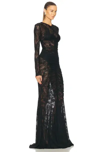 Norma Kamali Long Sleeve V Neck Shirred Front Fishtail Gown | Thumbnail 2