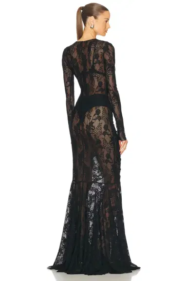 Norma Kamali Long Sleeve V Neck Shirred Front Fishtail Gown | Thumbnail 3